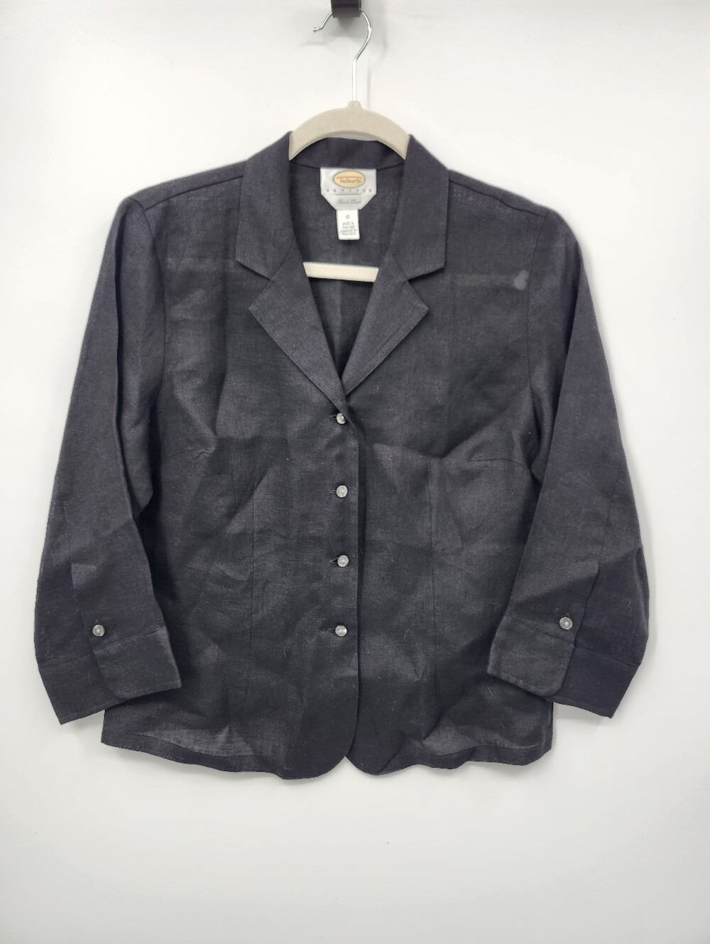 Talbots 100% Irish Linen Womens 10 Black 3/4 Sleeve Button Down Top